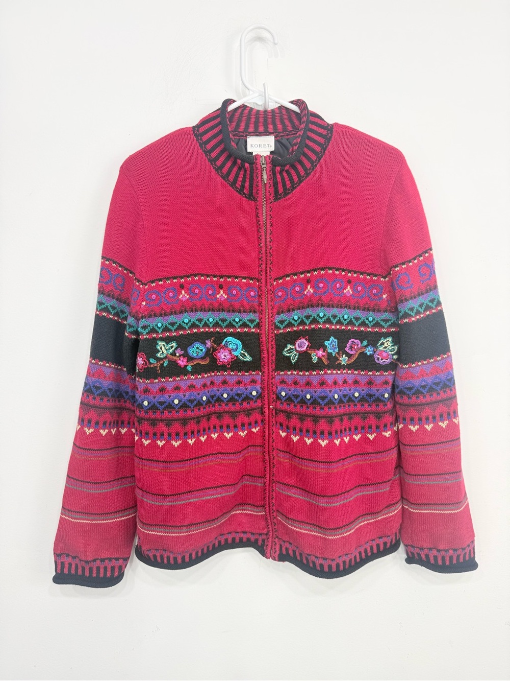 Koret Red Design Knit Floral Embroidered Lined Zip Up Vintage Cardigan Sweater